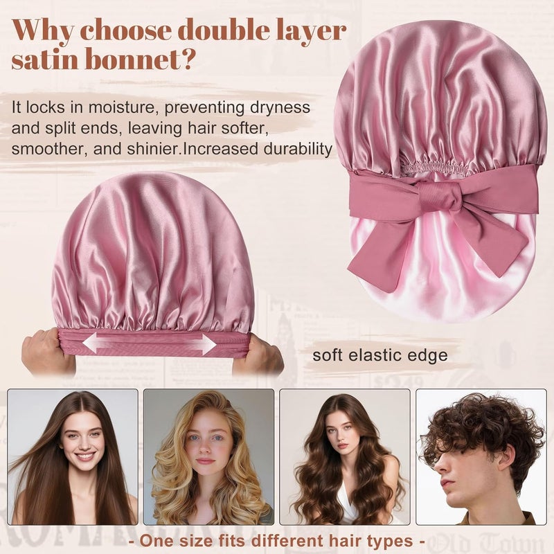 CHLINS Satin Bonnet for Sleeping Cap Double Layer Hair Bonnet with Elastic Tie Band for Curly Hair Night Cap (Bean Paste + Pink) - Image 3